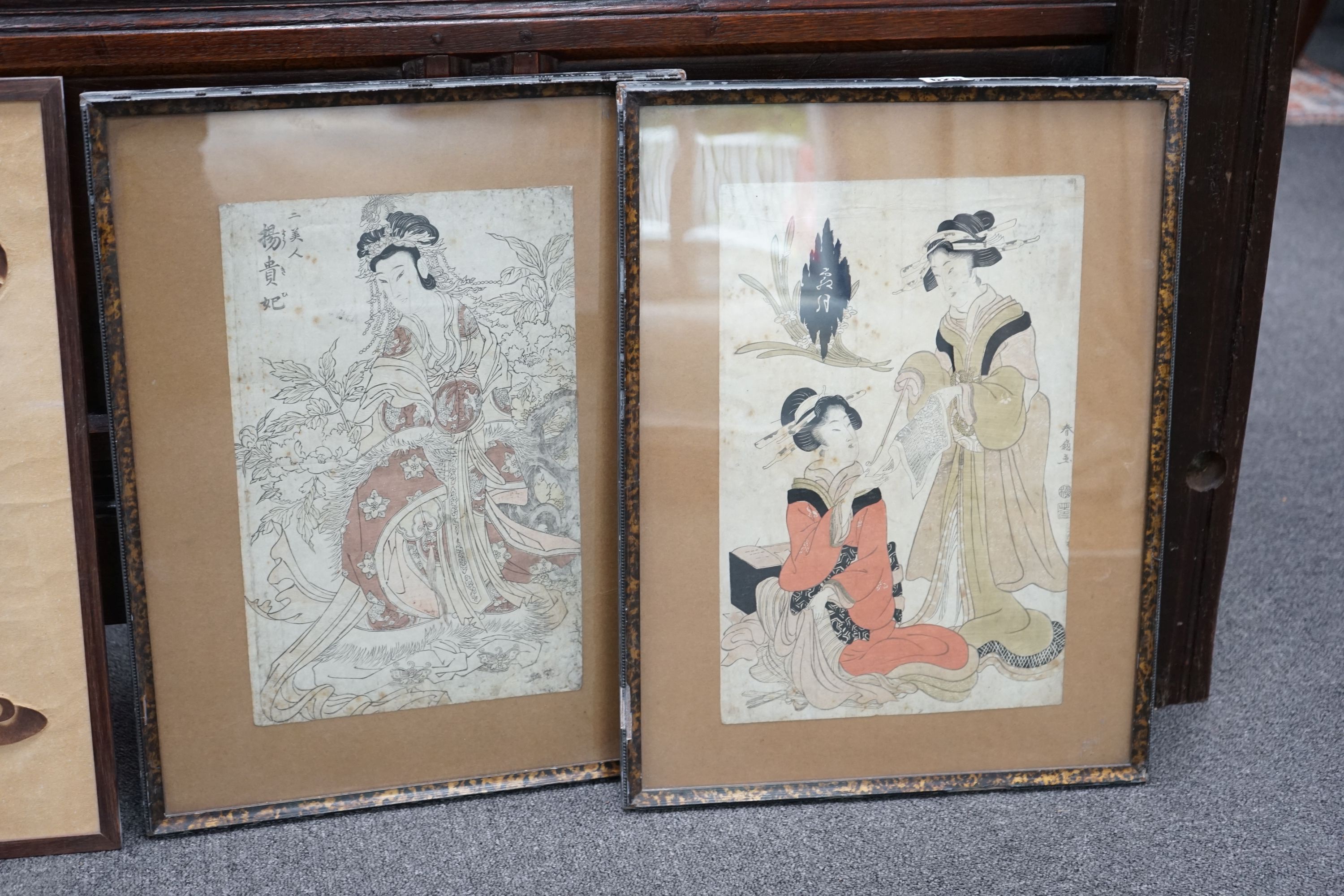 Japanese School, two woodblock prints, Woman with opium pipe and flower goddess, 38 x 25cm, and a pair of Siamese embossed paper pictures of dancers